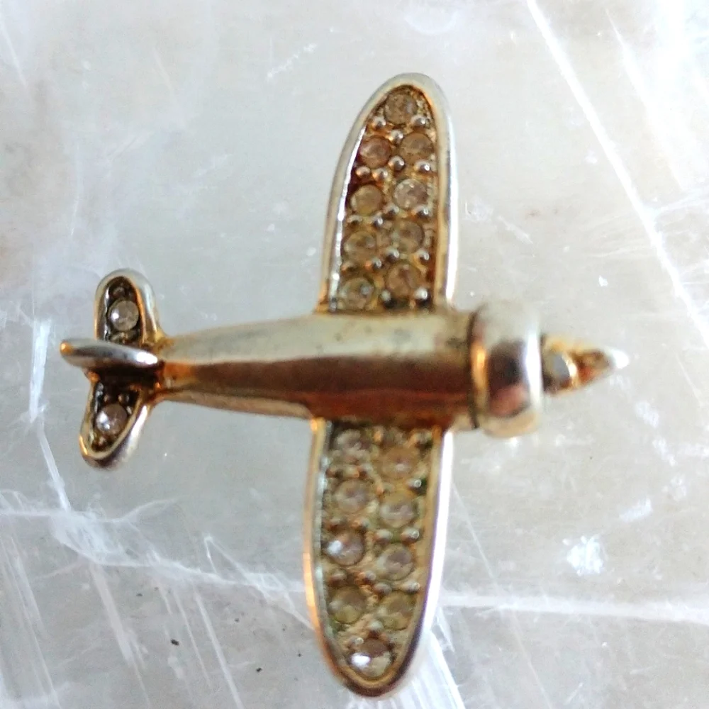 VINTAGE COOK L SOLID SILVER PIN AIRPLANE CRYSTALS SIGNED HALLMARKS